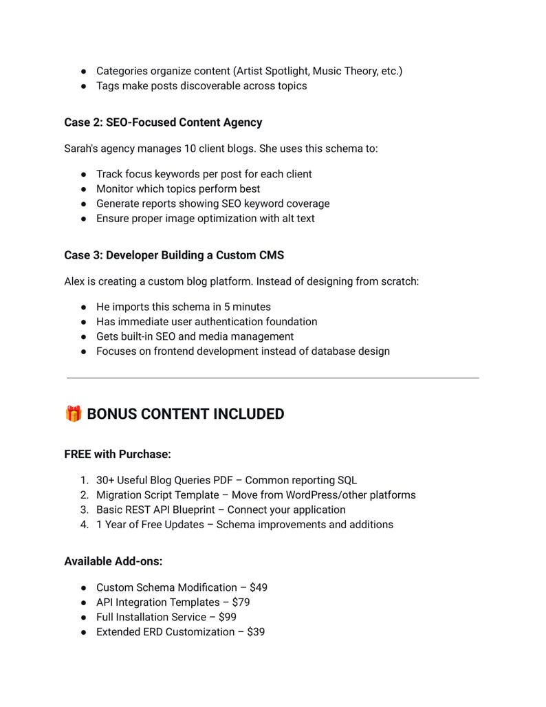 May include: A white document with black text detailing SEO-focused content agency strategies and custom CMS development. Bullet points highlight key features, including keyword tracking, SEO coverage, and image optimization. Bonus content and add-ons are also listed.