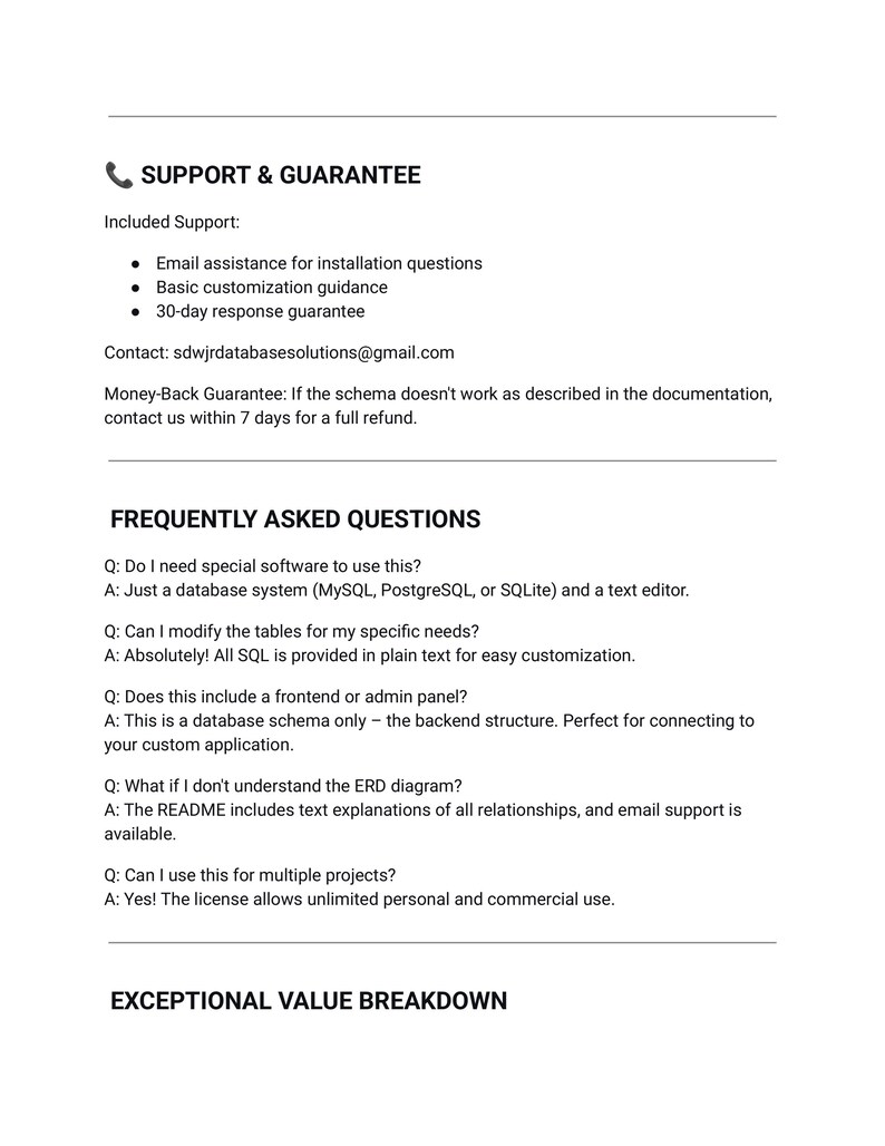 May include: A white document with black text detailing support, guarantee, and frequently asked questions. The document includes information on email assistance, customization guidance, and a 30-day response guarantee. It also covers database system usage and license terms.