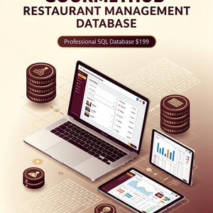 May include: An isometric illustration showing a laptop and two tablets displaying data analysis charts. The image includes the text "GOURMETHUB RESTAURANT MANAGEMENT DATABASE" and "Professional SQL Database". Several stacks of brown and gold coins are also present.