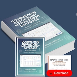 Op de afbeelding: Een stapel van drie boeken met de titel "GOURMETHUB RESTAURANT MANAGEMENT DATABASE" in witte tekst. De boeken hebben een turquoise omslag en een witte rand. De tekst "THANKS FOR YOUR PURCHASE" staat onderaan en een rode "Download"-knop is zichtbaar.