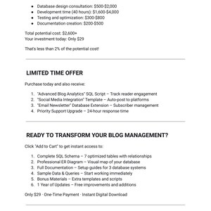 May include: A white document with black text detailing the costs of database design, development, testing, and documentation. It includes a limited-time offer with blog management tools and a call to action to transform blog management.