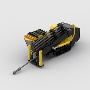 May include: A yellow and black construction vehicle model with multiple pipes and a long drill bit. The model has a tracked base and is set against a white background. The vehicle has a series of pipes on top.