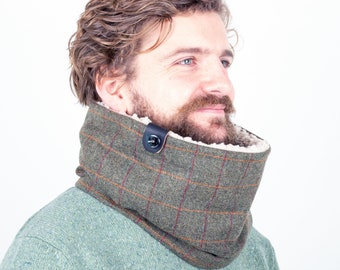 Mens Cowl Scarf, Gift Men in Tweed Check Wool, lined with soft and thick faux lamb