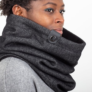 Herringbone tweed oversized neck warmer, hooded scarf, unisex snood lined with thick cotton
