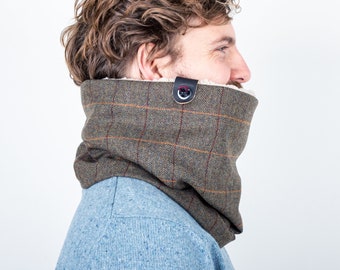 Gift Him Tweed Check Wool Cowl, Warm Scarf Men, Extra Warm Faux Lamb Lined Scarf