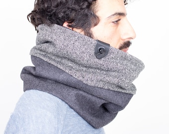 Mens Scarf, Wool cowl, Gift Men in twill tweed wool, lined with soft and thick cotton