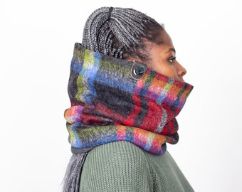 Italian Wool Oversized Cowl Scarf in Vibrant Tartan, Gift Ideas Women, Gift Her