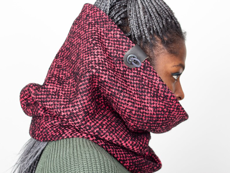 Up-cycled Extra Thick Wool Cowl in Neon Pink and Black Weave image 8