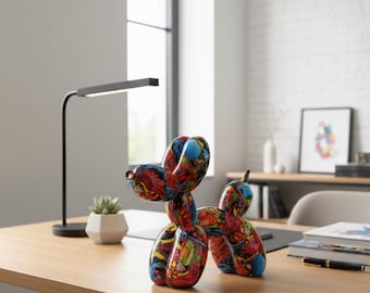 Pop-art ballonhondsculptuur – kleurrijk graffitibeeldje | Modern interieur en bureauornament van hars