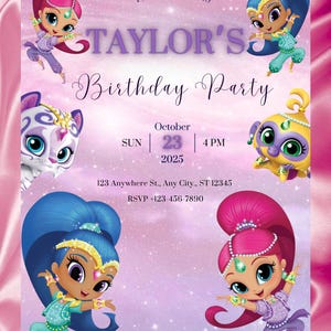 Op de afbeelding: Roze en paarse verjaardagsuitnodiging met cartoonfiguren. De tekst luidt "You are invited to TAYLOR'S Birthday Party" met datum, tijd en RSVP-informatie. De achtergrond heeft een sterrenontwerp.