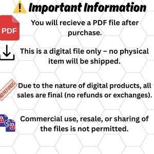 May include: An image with the text "Important Information" and several bullet points. A red PDF icon is present, along with a download arrow, a "No Refunds" stamp, and lock icons. The text explains the digital nature of the product.
