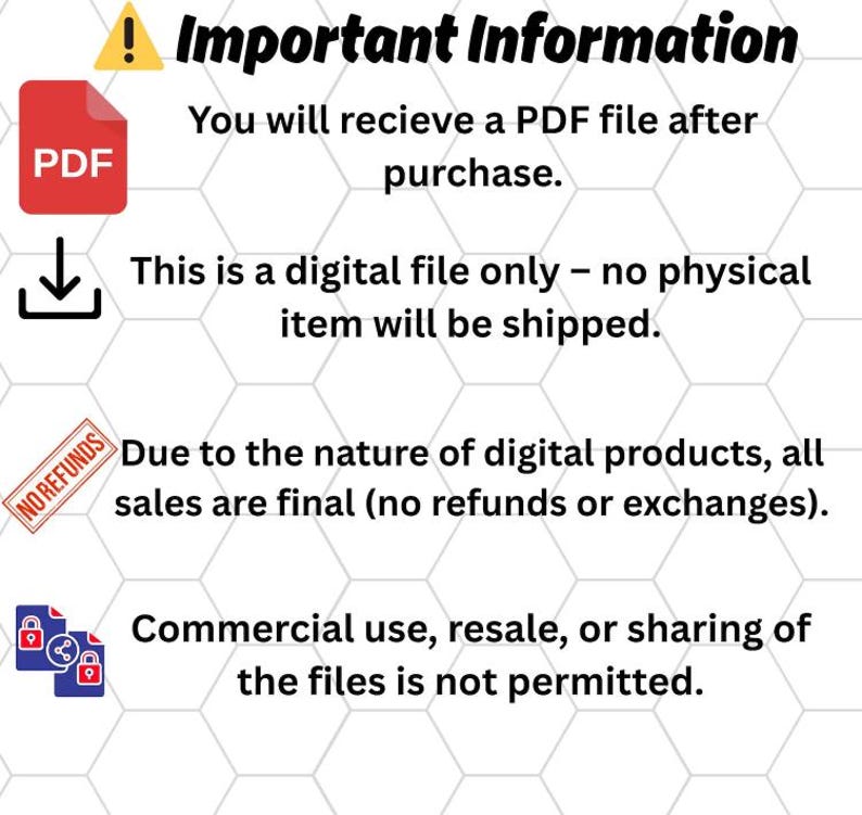 May include: An image with the text "Important Information" and several bullet points. A red PDF icon is present, along with a download arrow, a "No Refunds" stamp, and lock icons. The text explains the digital nature of the product.