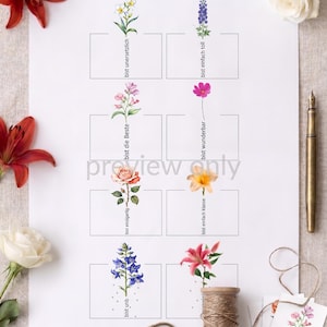 May include: Printable gift tags with eight unique floral designs. Each tag features a different flower illustration and German text. The tags are arranged on a white background with scissors, twine, and a spool of thread. The text "PRINTABLE GIFT TAGS" is at the top.