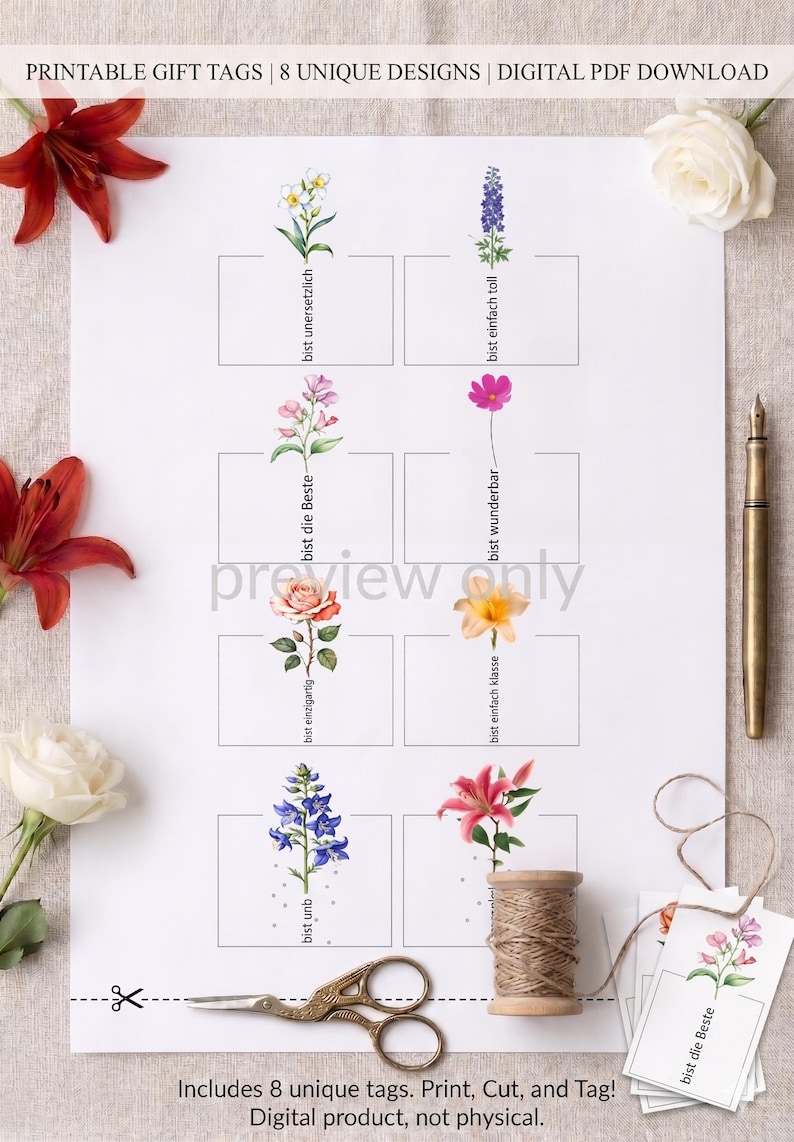 May include: Printable gift tags with eight unique floral designs. Each tag features a different flower illustration and German text. The tags are arranged on a white background with scissors, twine, and a spool of thread. The text "PRINTABLE GIFT TAGS" is at the top.
