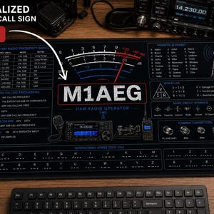 May include: A rectangular black desk mat featuring a ham radio reference guide with frequency bands, phonetic alphabet, Ohm's law, circuit symbols, and Morse code. The centre displays the personalised call sign M1AEG and the text HAM RADIO OPERATOR.