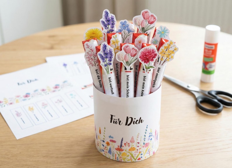 May include: A white cylindrical container with a floral design and the German text "F&uuml;r Dich" holds decorative floral-topped pens. The pens have various flower illustrations and phrases like "bist die Beste". Scissors and glue stick are on the wooden table.