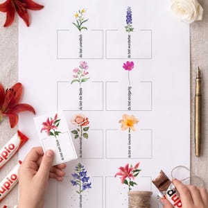 May include: Printable gift tags with eight unique floral designs, each with a German phrase. The tags feature watercolor illustrations of various flowers. The words "PRINTABLE GIFT TAGS | 8 UNIQUE DESIGNS | DIGITAL PDF DOWNLOAD" are at the top.