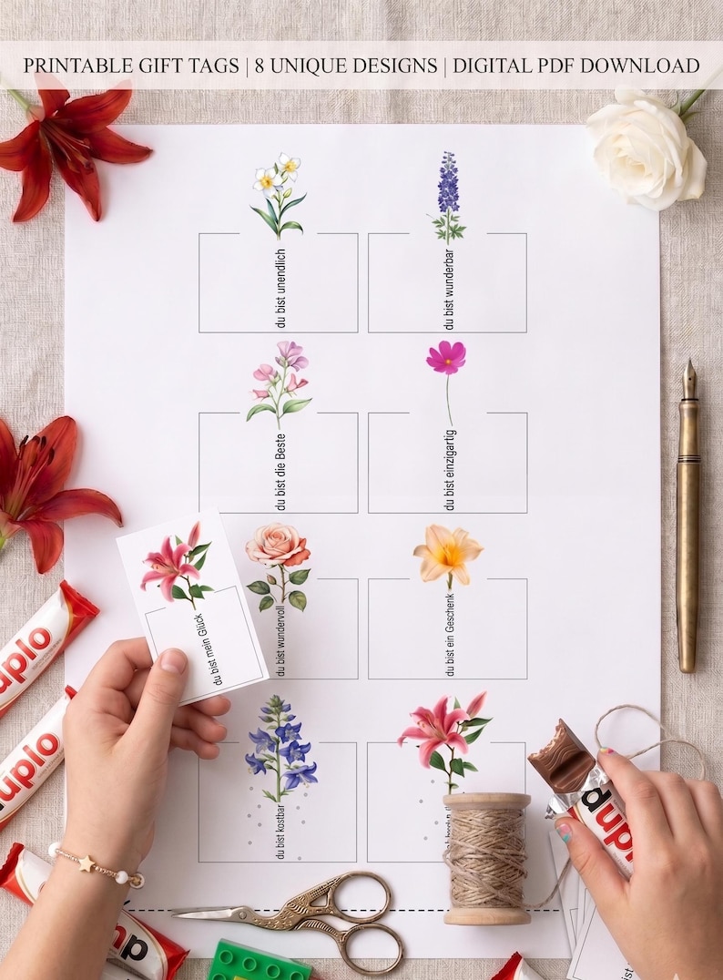 May include: Printable gift tags with eight unique floral designs, each with a German phrase. The tags feature watercolor illustrations of various flowers. The words "PRINTABLE GIFT TAGS | 8 UNIQUE DESIGNS | DIGITAL PDF DOWNLOAD" are at the top.