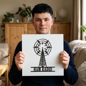 Puede incluir: Un letrero de metal negro de HAM RADIO con un diseño de torre de radio sobre un fondo blanco. El letrero presenta un diseño de antena circular y las palabras "HAM RADIO". El letrero está sostenido por una persona.