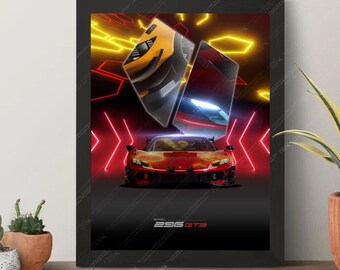 Ferrari 296 GTB Neon Art Poster - Modern Supercar Wall Decor (A1, A2, A3)