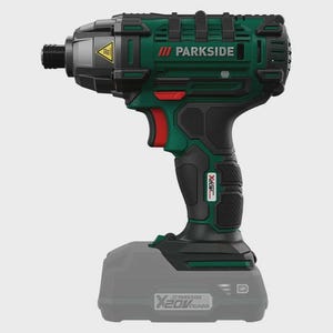 Peut inclure: Un tournevis à percussion sans fil vert, noir et rouge avec la marque "PARKSIDE" visible. L'outil a une poignée noire et un bloc-batterie gris. Un symbole d'avertissement jaune est présent.