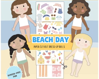 Habillage de poupée en papier pour fille | Activité imprimable | Journée à la plage (téléchargement numérique)