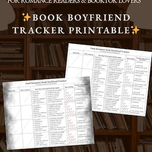 May include: A printable "Book Boyfriend Tracker" for romance readers and BookTok lovers. The design includes two versions: Black Mist and Minimalist. The tracker helps users rate and track book boyfriends, with sections for red flags and spice ratings.