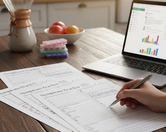 Może przedstawiać: Drewniany stół z laptopem, szklanym ekspresem do kawy i miską owoców. Na stole leży kilka wydrukowanych arkuszy "Symptom Tracker". Osoba pisze na jednym z arkuszy srebrnym długopisem. Na stole znajduje się również organizer na pigułki.