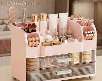 2 Large Drawers Makeup Organizer | Display Case with Brush Holders | Makeup Case | Makeup Holder | Cosmetic Organizer | Makeup Storage Box