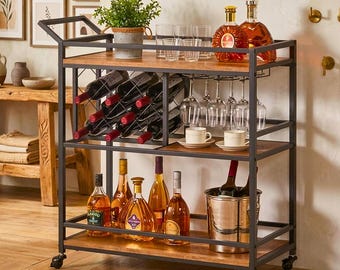 3 Tiered Wooden Wine Cart | Rolling Bar Cart | Wine Bottle Holder | Liquor Cart | Barware Gift | Wine Storage Cart | Whiskey Lover Gift