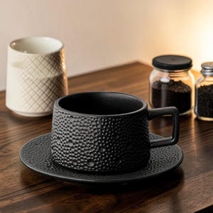 Può includere: Un set di tazza e piattino da caffè in ceramica nera con una superficie strutturata e puntinata. La tazza ha un manico quadrato e poggia su un piattino abbinato. Sullo sfondo c'è una tazza bianca e beige fantasia, insieme a due piccoli barattoli di vetro.