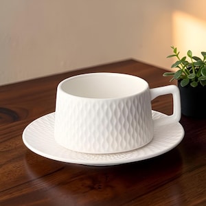 Diamond Textured Ceramic Cup & Saucer Set, White Modern Scandi Tea Coffee Set