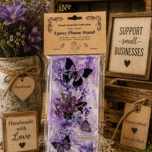 Handmade Purple Butterfly Epoxy Resin Phone Stand | Floral Desk Holder (Gift for Women)