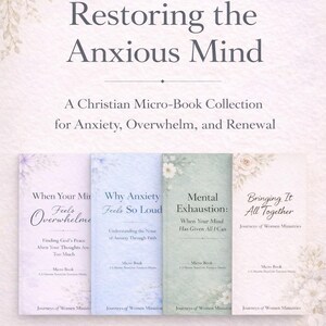 Puede incluir: Colección de cuatro micro-libros cristianos para la ansiedad, el agobio y la renovación. Incluye títulos como "When Your Mind Feels Overwhelmed" y "Why Anxiety Feels So Loud". Presenta elementos florales.