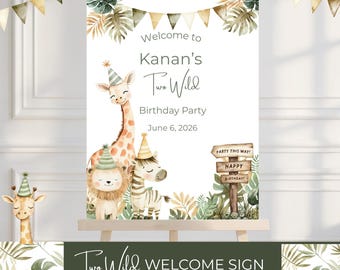 Two Wild Welcome Sign | Jungle Safari Birthday Decor | Greenery Animal Party Sign | Editable Printable