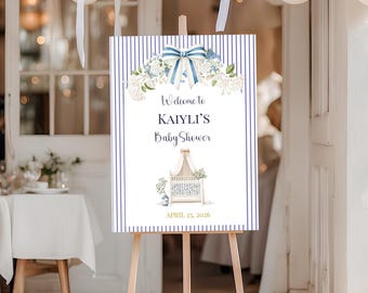 Boy Baby Shower Welcome Sign | Blue French Toile Shower Decor | Editable Canva Template