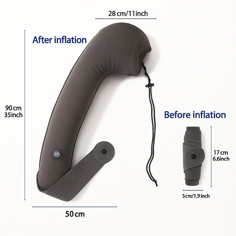 May include: A gray inflatable travel pillow, shown inflated and deflated. The inflated pillow is 35 inches long and 11 inches wide. The deflated pillow is 6.6 inches long and 1.9 inches wide. A black drawstring is attached.