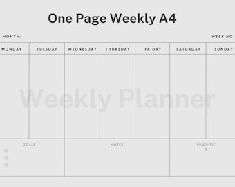 May include: A gray weekly planner with the text "One Page Weekly A4" at the top. The planner is divided into sections for each day of the week, with space for goals, notes, and priorities. The words "Weekly Planner" are in the center.