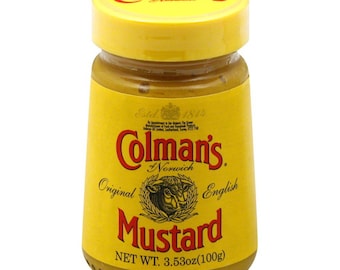 May include: A jar of Colman's Original English Mustard. The jar has a yellow lid and a yellow label with red text. The label includes the brand name, a bull graphic, and the net weight of 3.53oz (100g).