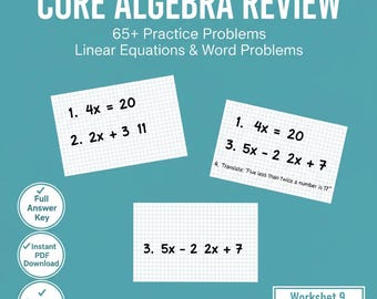 Hoja de trabajo 9 - Revisión de álgebra para principiantes: más de 65 preguntas con hoja de respuestas descriptiva.