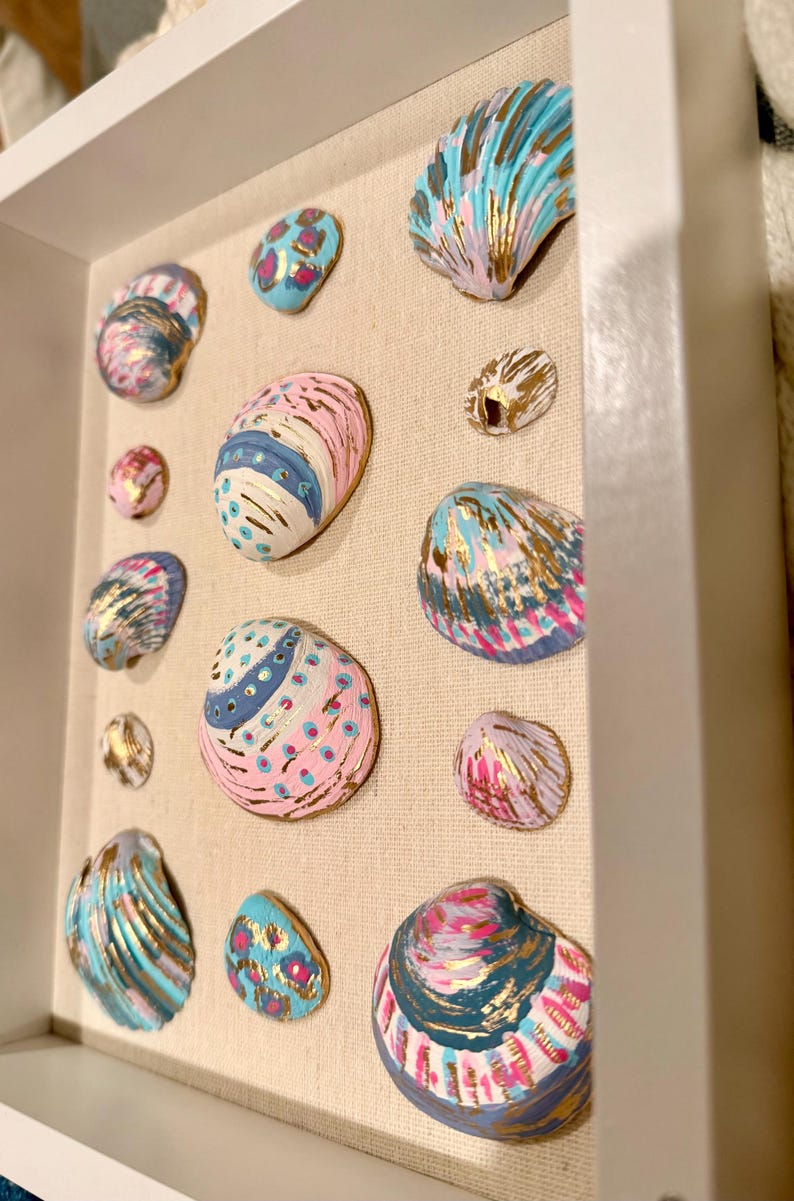 Custom Hand Painted Shell Artwork: Pink and Blue Colors With Gold 8x10 ...