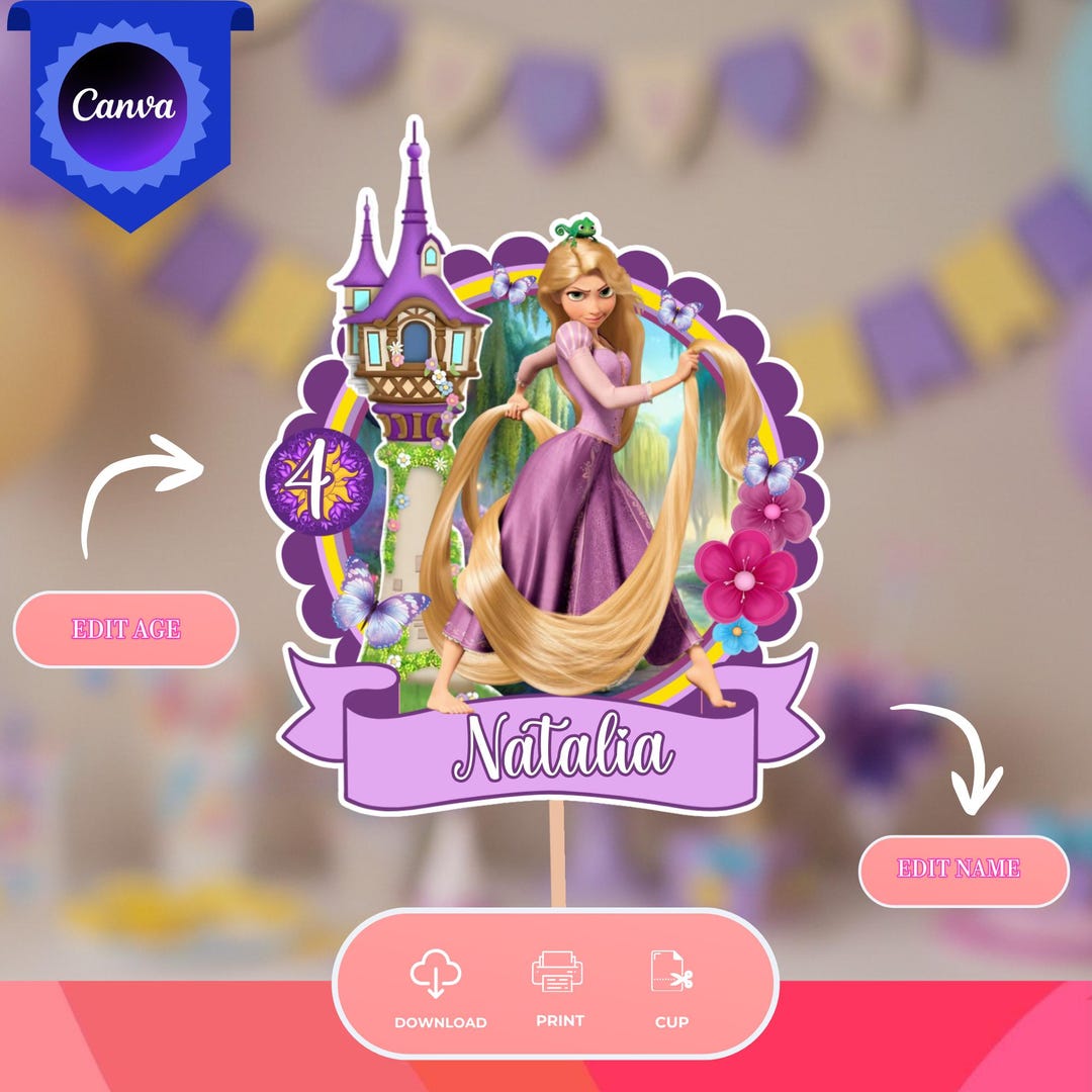 Rapunzel Tangled Cake Topper Editable Canva Birthday Party Kids Disney ...