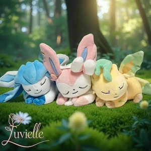 Kawaii Eeveelution Plush Set – Sylveon, Glaceon & Leafeon Sleeping Plushies