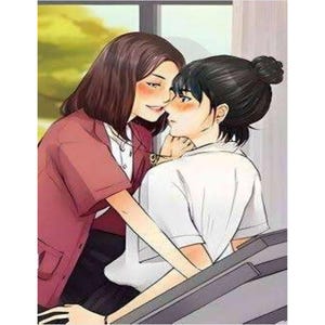 May include: An illustration depicting two women in a close embrace. One is wearing a red jacket over a white shirt, the other a white shirt. Both have flushed cheeks and dark hair. The background suggests an outdoor setting with green foliage.