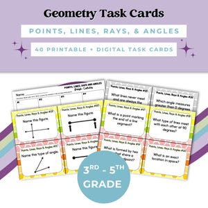 May include: Geometry task cards for 3rd-5th grade students. The cards cover points, lines, rays, and angles. The cards are colorful and feature questions and diagrams. The text on the cards includes "Name this figure" and "What is an exact location in space?"