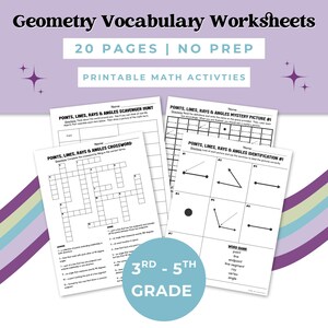 May include: Geometry vocabulary worksheets with the text "20 PAGES | NO PREP" and "PRINTABLE MATH ACTIVITIES". The worksheets include crossword puzzles and diagrams for 3rd-5th grade students. The worksheets are on a light purple background.