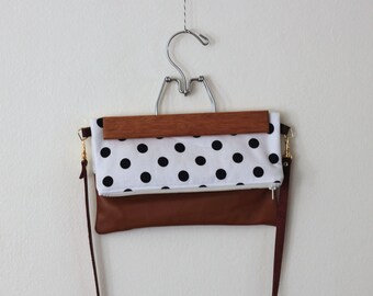 polka dot and brown leather crossbody bag // black and white polka dot foldover purse by rouge and whimsy