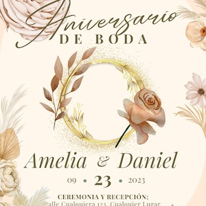 May include: A wedding invitation with floral and botanical elements. The invitation features the names "Amelia & Daniel" and the date "09.23.2023". The text "Aniversario de Boda" is displayed in elegant script. Soft, neutral colors dominate the design.