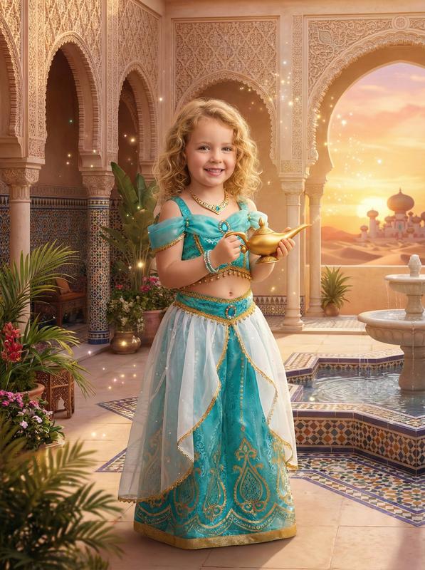 Wizland Costume Da Principessa Jasmine Per Bambine 3-4 Anni, Con Parrucca E Top Paillettes, Completo Di Pantaloni In Raso, Outfit Carnevale - 2