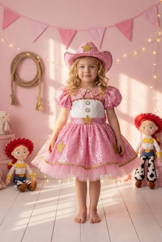 Pink Cowgirl Dress, Jessie Inspired Cosplay Dress, Handmade Birthday Outfit, Rodeo Puffy Sleeve Dress, Cowboy Costume, Girls Clothing Pink Cowgirl Dress, Jessie Inspired Cosplay Dress, Handmade Birthday Outfit, Rodeo Puffy Sleeve Dress, Cowboy Costume, Girls Clothing